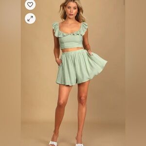 Lulu’s Spring to It Sage Green Off-the-Shoulder Two Piece Romper Skort Set
